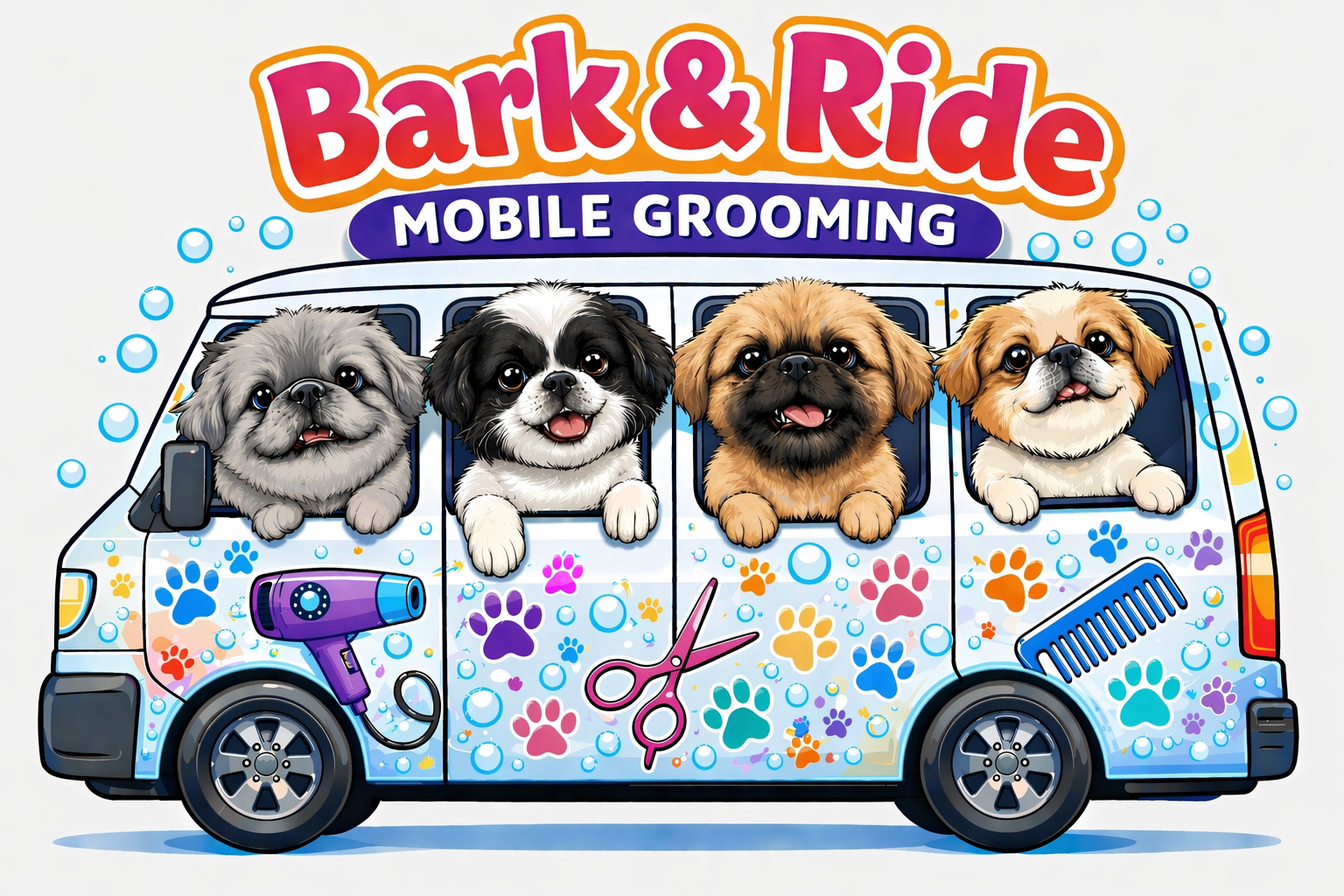 Bark & Ride Mobile Grooming logo β colorful van with happy dogs